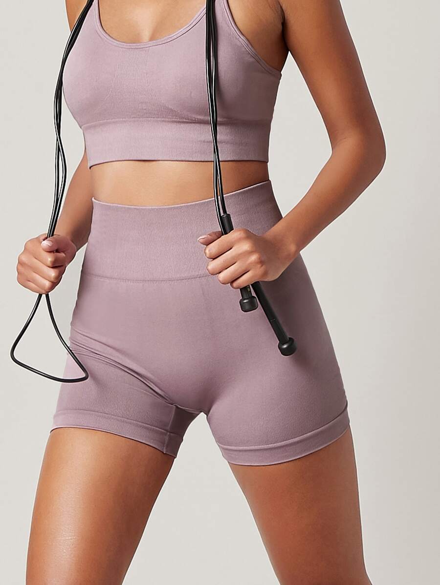SHEIN Seamless Wide Waistband Sports Shorts - Mauve Purple - View 1