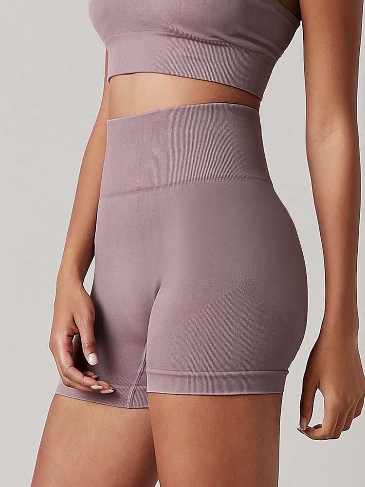 SHEIN Seamless Wide Waistband Sports Shorts - Mauve Purple - View 3