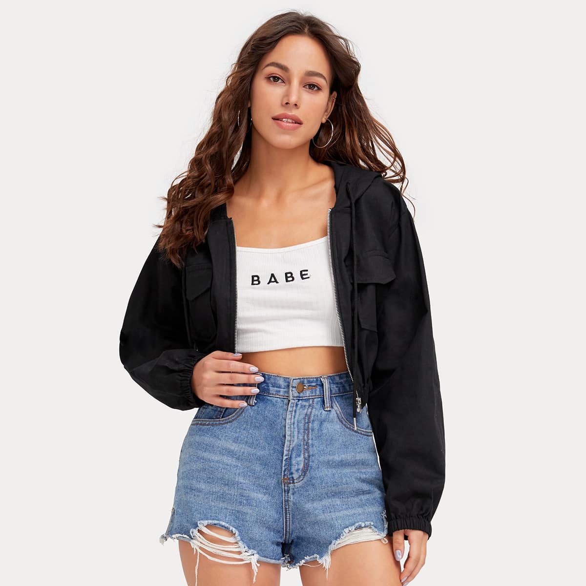 

Solid Drawstring Hooded Jacket, Black