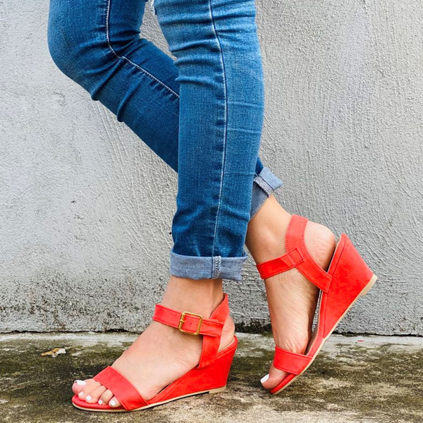 

Open Toe Ankle Strap Wide Fit Wedges, Red