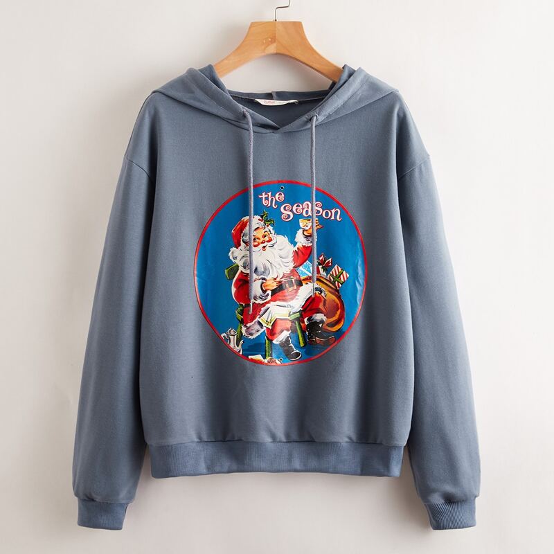 

Christmas Santa Claus Pattern Drawstring Hoodie, Dusty blue