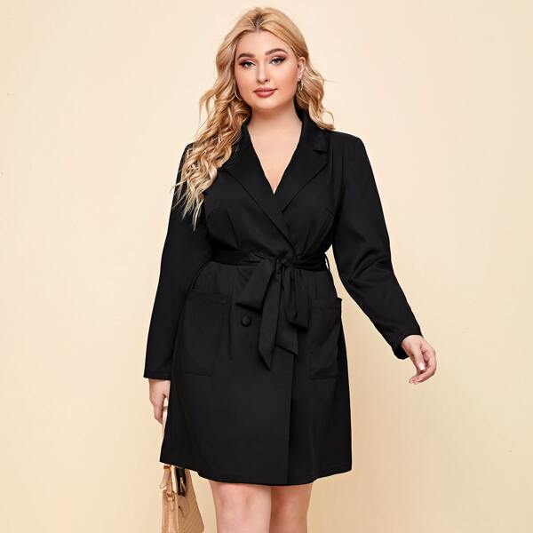 

Plus Notch Collar Self Belted Double Button Blazer Dress, Black