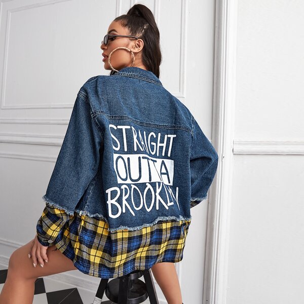 

Tartan Panel Flap Pocket Denim Jacket, Medium wash