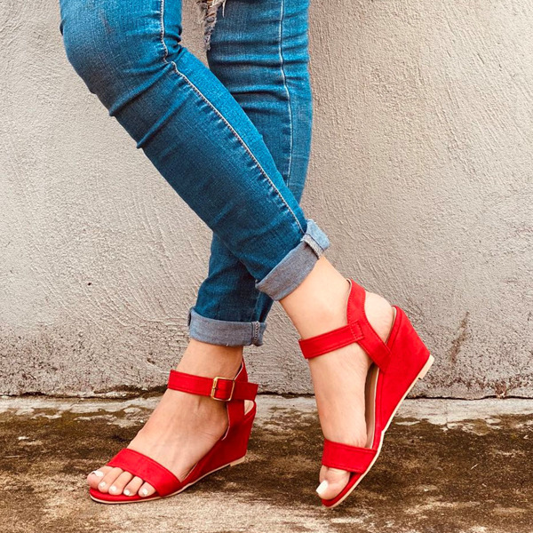 

Open Toe Ankle Strap Wide Fit Wedges, Red
