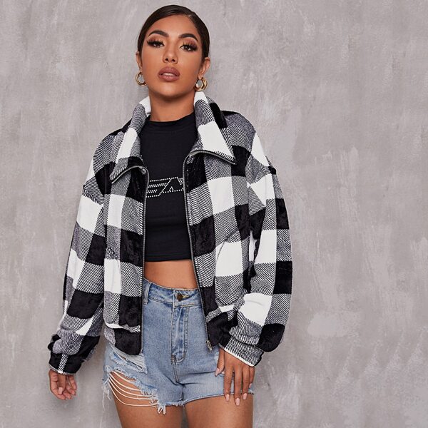 

Drop Shoulder Buffalo Plaid Teddy Jacket, Black and white