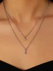 Rhinestone Decor Moon & Star Charm Layered Necklace - Silver - View 1