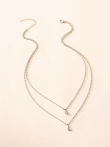 Rhinestone Decor Moon & Star Charm Layered Necklace - Silver - View 2