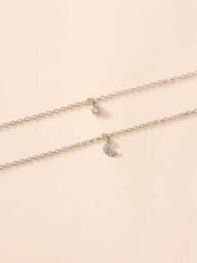Rhinestone Decor Moon & Star Charm Layered Necklace - Silver - View 3