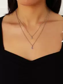 Rhinestone Decor Moon & Star Charm Layered Necklace - Silver - View 4