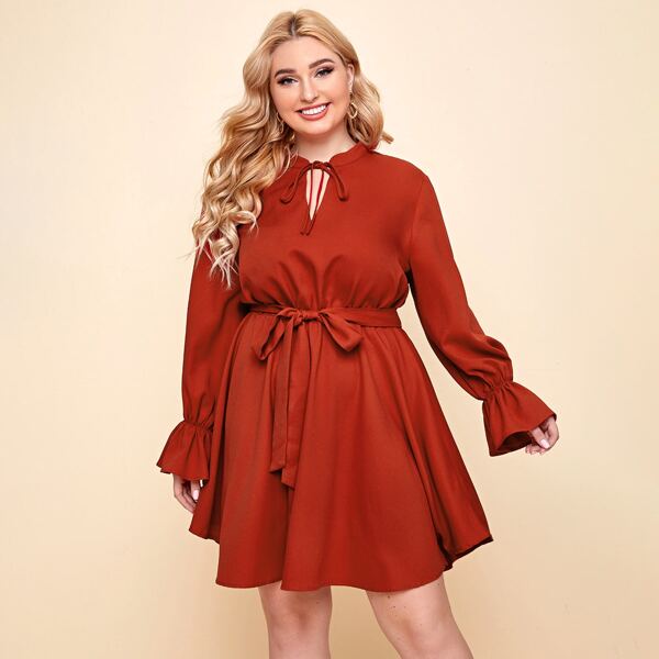 

Plus Tie Neck Bell Sleeve Self Belted Dress, Red