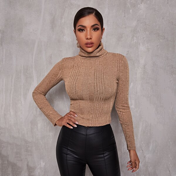 

Turtle Neck Rib-knit Tee, Camel