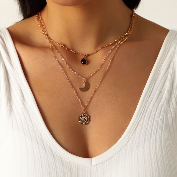 

Moon Charm Layered Necklace, Gold