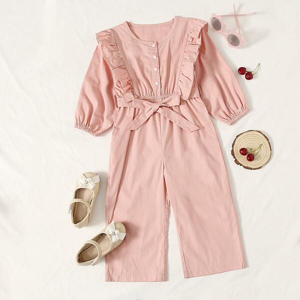 

Toddler Girls Solid Ruffle Trim Belted Jumpsuit, Coral pink