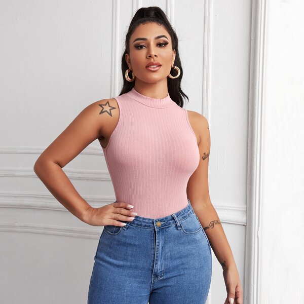 

Stand Collar Rib-knit Tank Top, Pastel baby pink