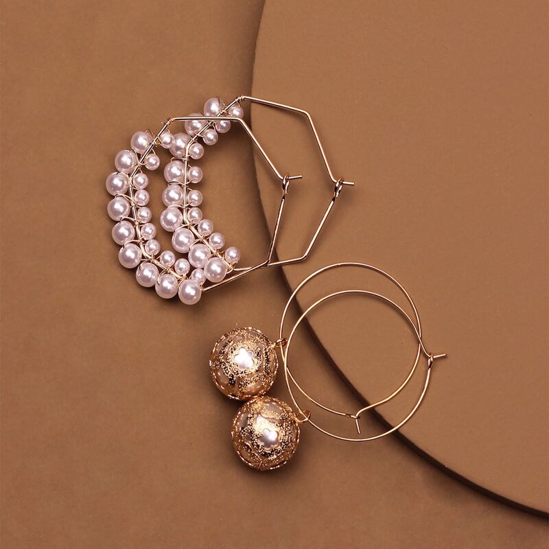 

2pairs Faux Pearl Decor Hoop Earrings, Gold