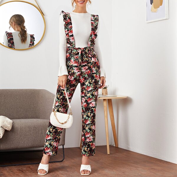 

Flower Print Belted Ruffle Straps Suspender Jumpsuit, Multicolor