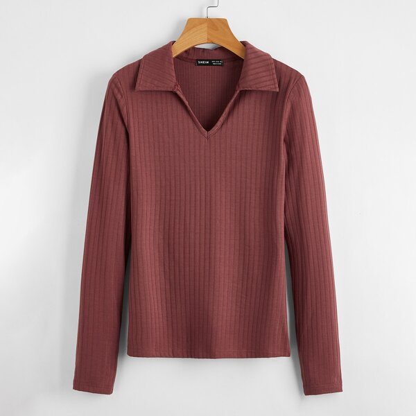 

Solid V Neck Collar Tee, Redwood