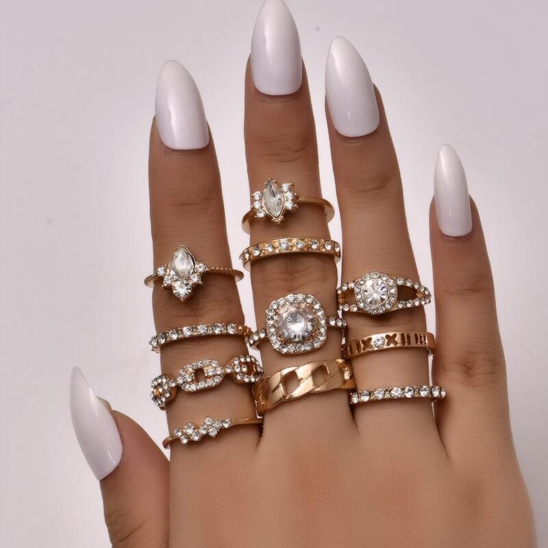 

11pcs Rhinestone Decor Ring, Gold