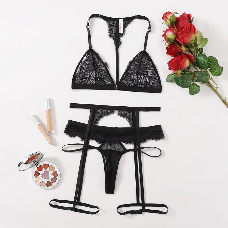 

Eyelash Lace Garter Lingerie Set, Black