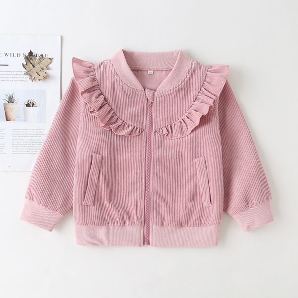 

Toddler Girls Ruffle Trim Corduroy Bomber Jacket, Dusty pink
