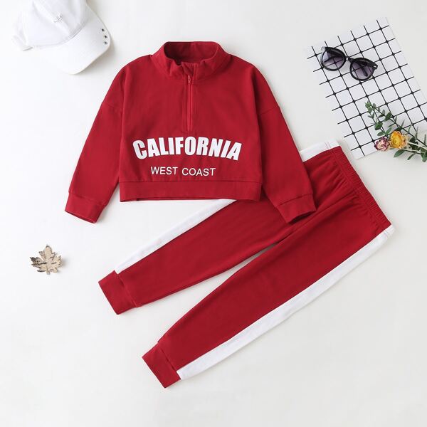 

Toddler Girls Letter Graphic Half Zipper Sweatshirt & Sweatpants, Burgundy