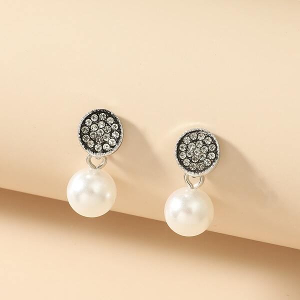 

Rhinestone Decor Faux Pearl Drop Earrings, White