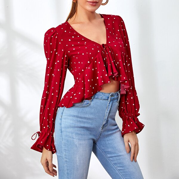 

Heart Print Ruffle Hem High Low Crop Top, Red