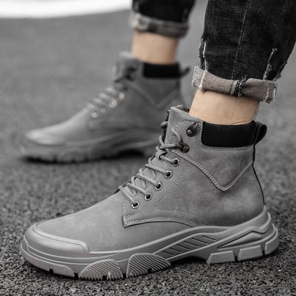 

Men Studded Decor Combat Boots, Grey