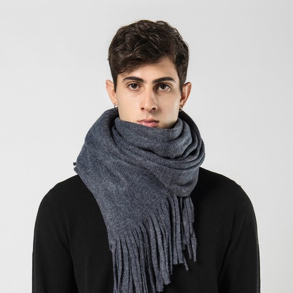 

Men Fringe Hem Scarf, Navy blue