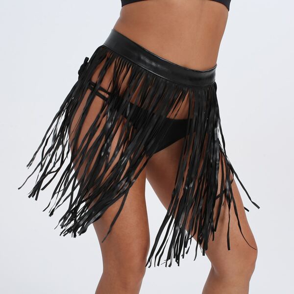 

Layered Tassel Skirt Waist Belt, Black