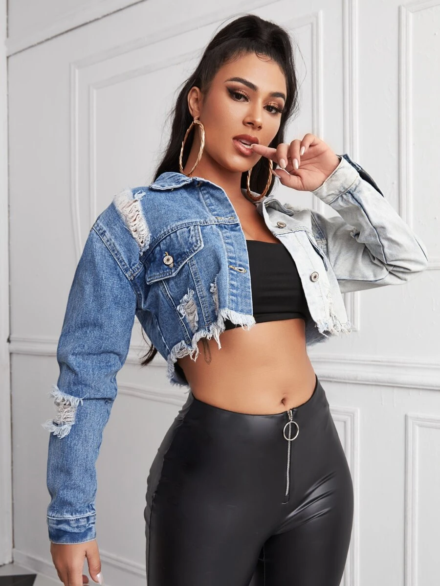 SHEIN Essnce Ripped Detail Đau khổ Hem Spliced ​​Crop Denim Jacket - Nhiều màu - Xem 1