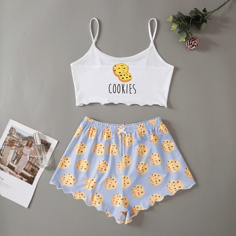 

Biscuit And Letter Graphic Lettuce Trim Cami PJ Set, Multicolor