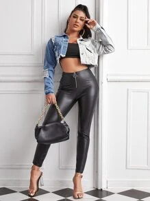 SHEIN Essnce Ripped Detail Đau khổ Hem Spliced ​​Crop Denim Jacket - Nhiều màu - Xem 5