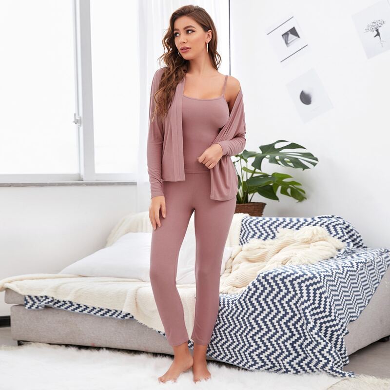 

Solid Cami Lounge Set With Robe, Dusty pink