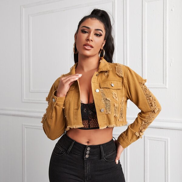 

Button Front Ripped Crop Denim Jacket, Mustard yellow