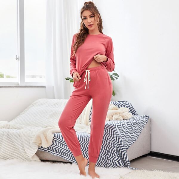 

Raglan Sleeve Drawstring Waist Lounge Set, Watermelon pink