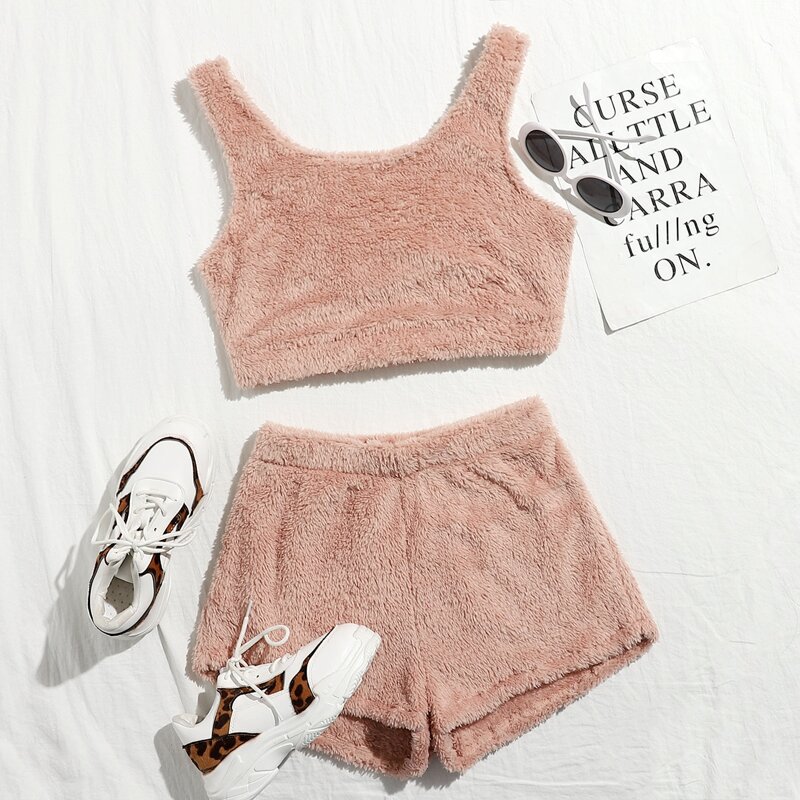 

Fluffy Knit Flannel Tank Top With Shorts Lounge Set, Dusty pink