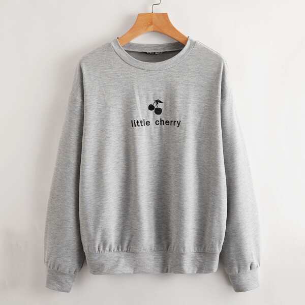 

Drop Shoulder Embroidered Cherry Pullover, Light grey