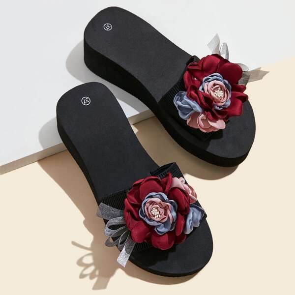 

Floral Decor Wide Fit Wedge Mules, Burgundy
