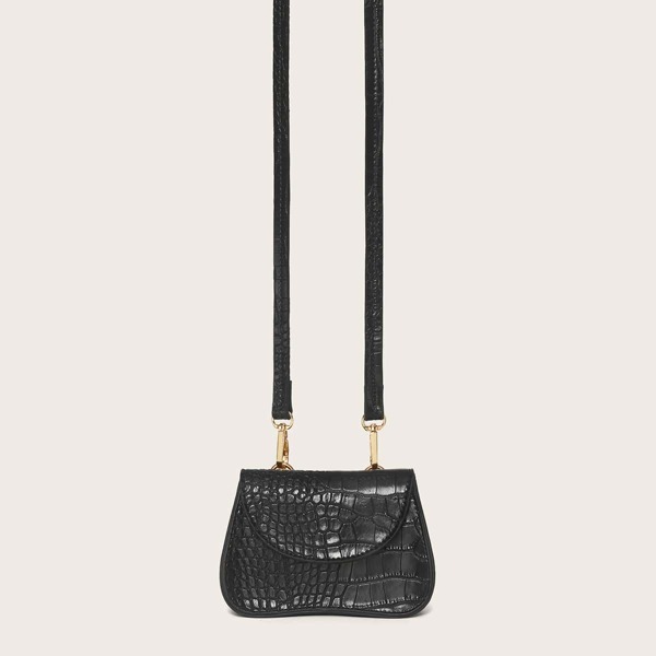 

Mini Croc Embossed Flap Crossbody Bag, Black