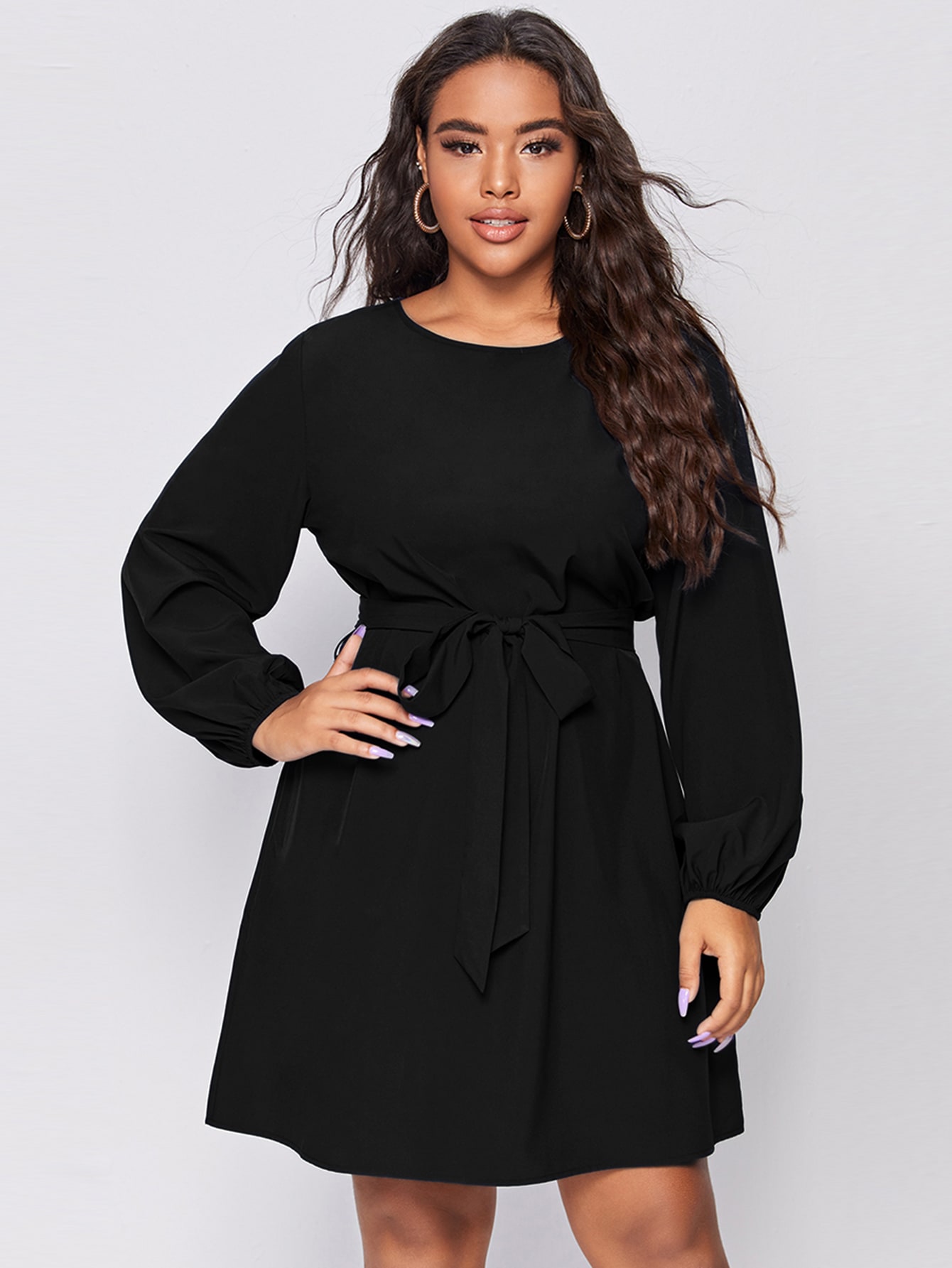Plus Solid Bishop Sleeve Belted Tunic Dress thumbnail