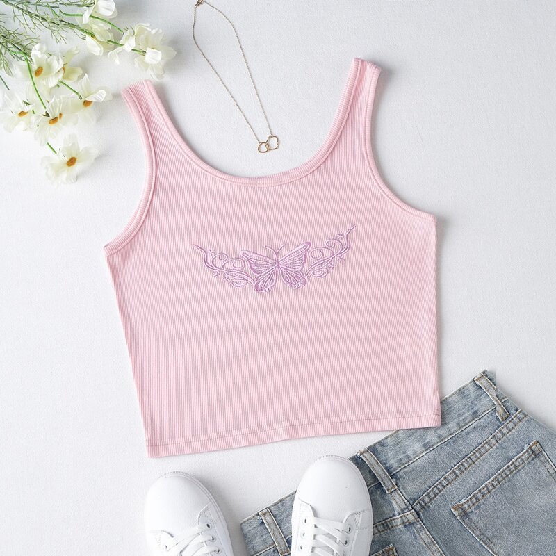 

Butterfly Embroidery Crop Tank Top, Baby pink