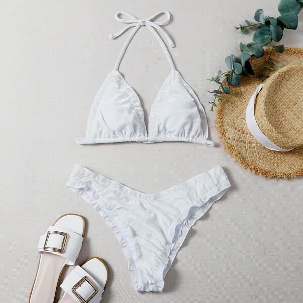 

Velvet Rib Frill Trim Triangle Bikini Swimsuit, White