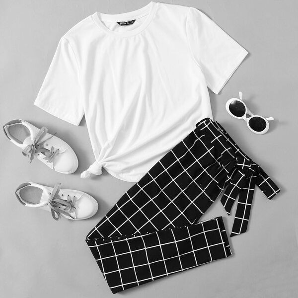 

Short Sleeve Tee and Grid Self Belted Pants Set, Black and white