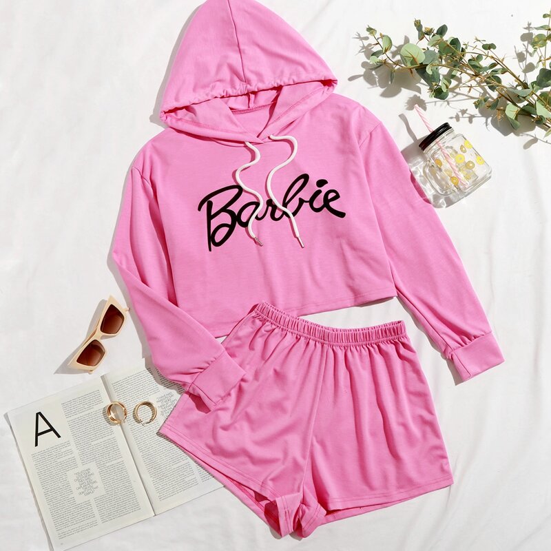 

Letter Graphic Hoodie PJ Set, Pink