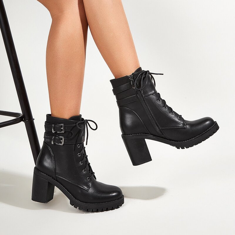 

Buckle Decor Chunky Heeled Lace-up Ankle Boots, Black
