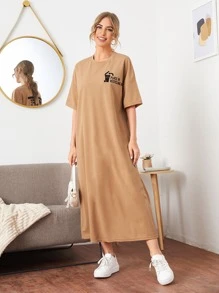 SHEIN Slogan and Graphic Print Drop Shoulder Tee Dress - Camel - View 1