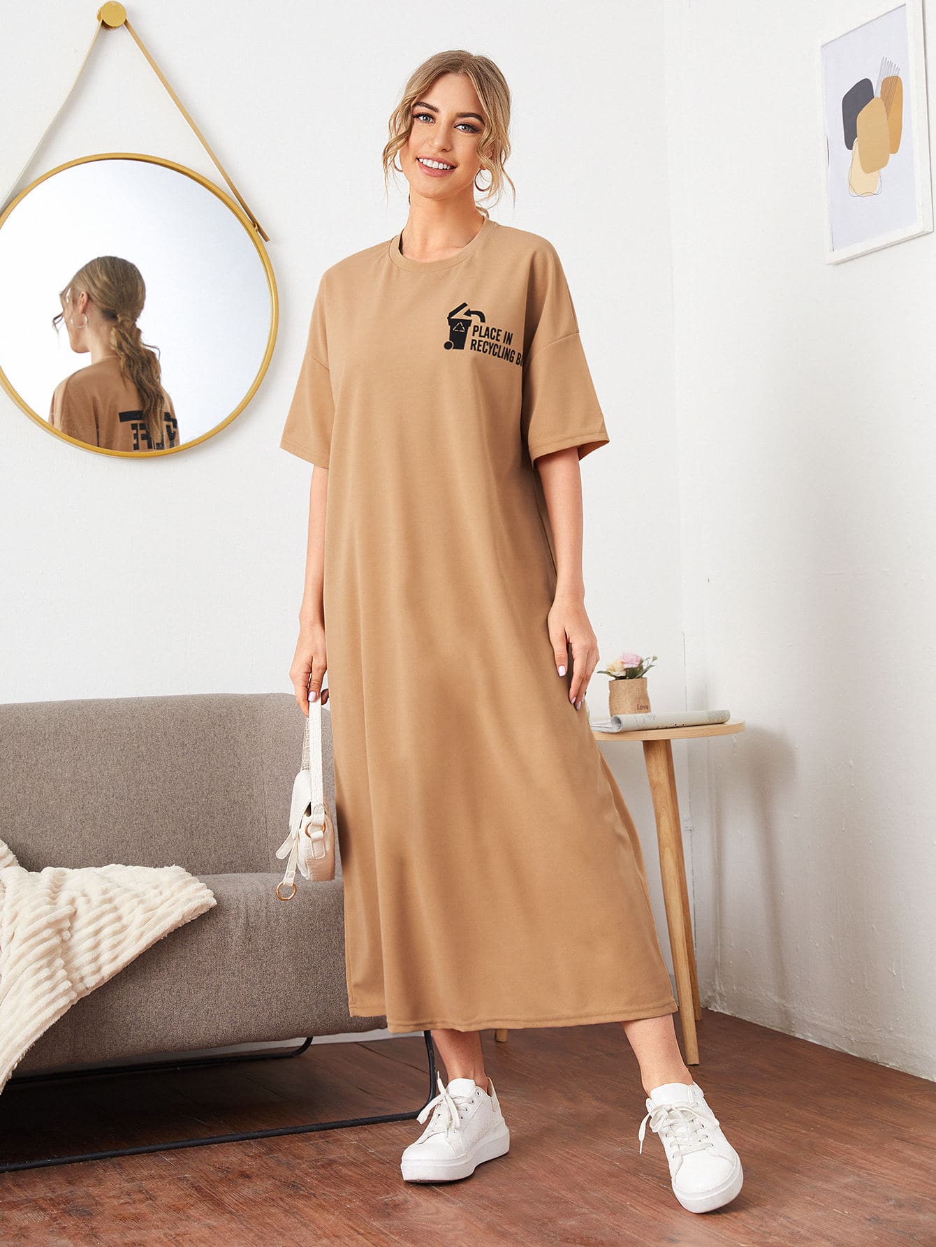 SHEIN Slogan and Graphic Print Drop Shoulder Tee Dress - Camel - View 1