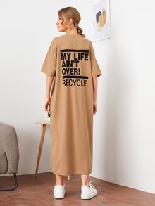 SHEIN Slogan and Graphic Print Drop Shoulder Tee Dress - Camel - View 2