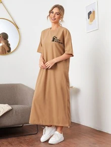 SHEIN Slogan and Graphic Print Drop Shoulder Tee Dress - Camel - View 4